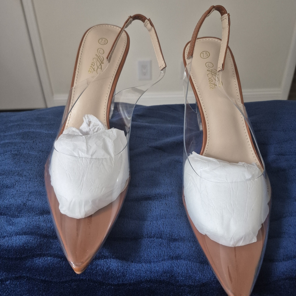 Chic Clear and Tan Slingback Heels
